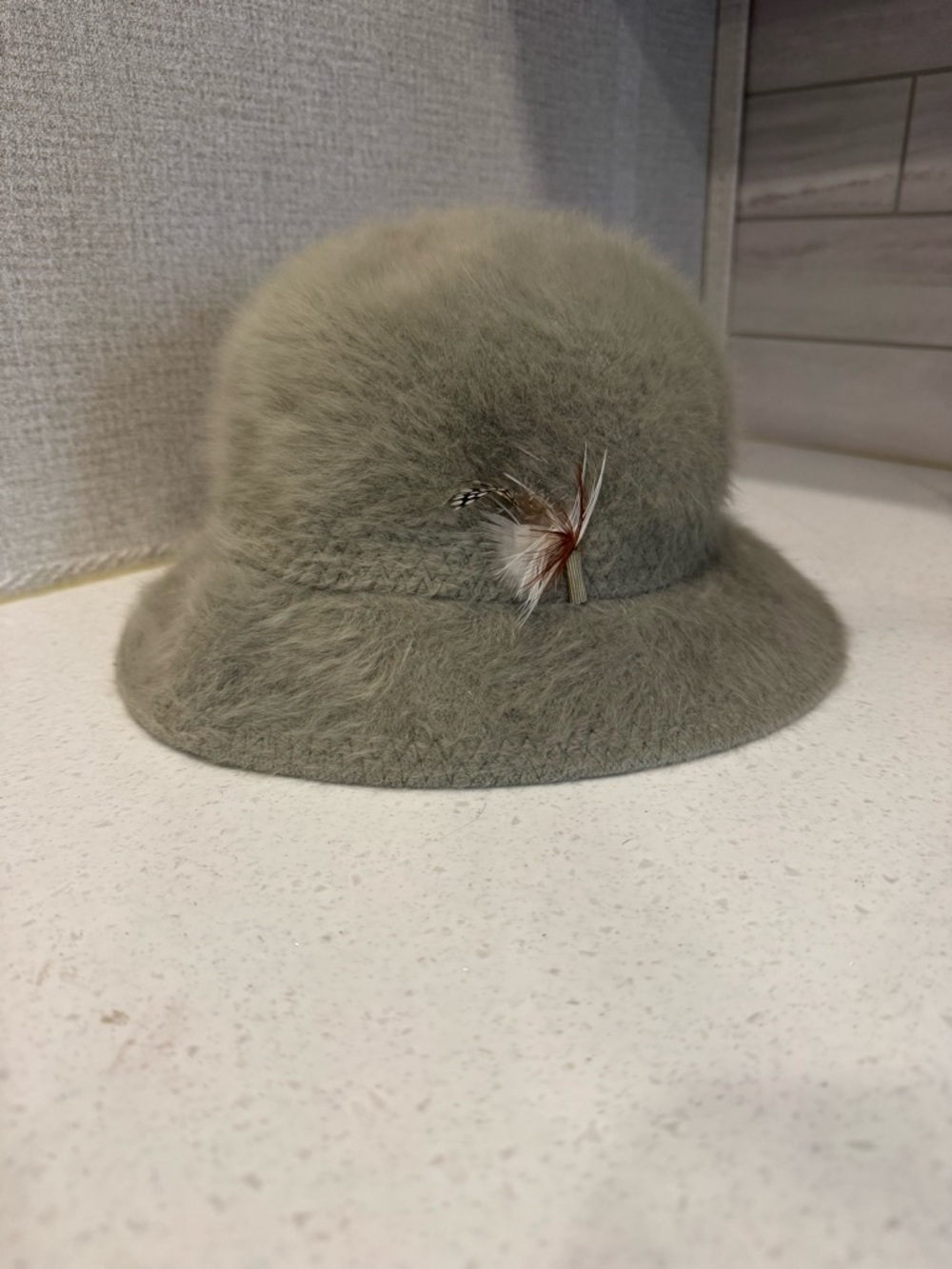 Kangol Plush Vintage Furgora Bucket Hat with Feather Accent in Sage